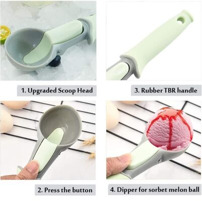 A colher plástica do gelado com a cookie fácil do disparador escava a colher da bola de melão
