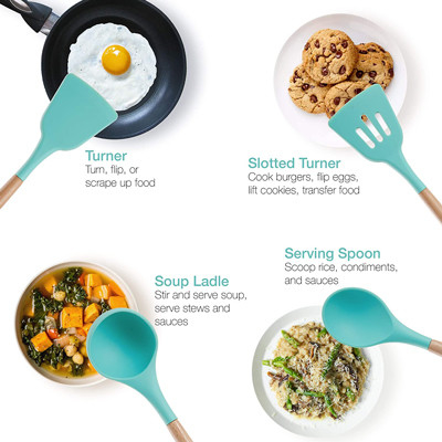 Utensílios de cozimento verdes da cozinha do silicone ajustados com os punhos de bambu de madeira