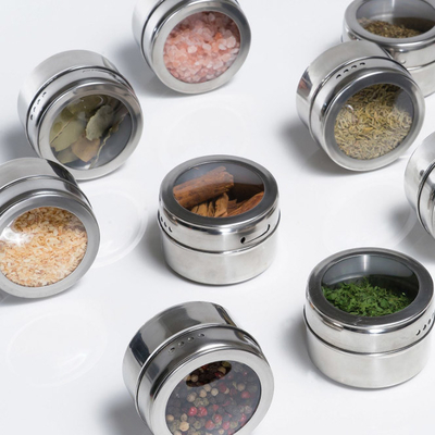 Frascos de aço inoxidável da especiaria da cozinha com o ímã do armazenamento de cremalheira