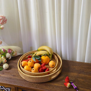 Mão Multifunction - círculo tecido do Rattan que serve Tray Serving Basket com corte