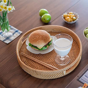 Mão Multifunction - círculo tecido do Rattan que serve Tray Serving Basket com corte