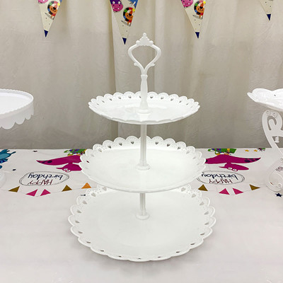 2 3 bolos brancos plásticos da placa do fruto do suporte do queque da série para o casamento