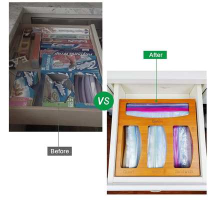 Organizador de bambu For Food do armazenamento do saco de Ziploc dos utensílios da cozinha da gaveta