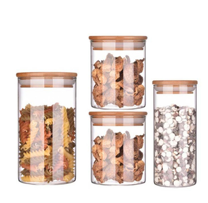 Recipientes de armazenamento altos da especiaria do vidro de Borosilicate com tampas de bambu