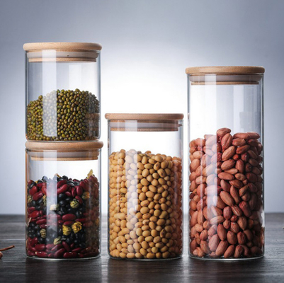 Recipientes de armazenamento altos da especiaria do vidro de Borosilicate com tampas de bambu