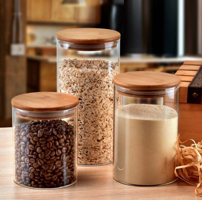 Recipientes de armazenamento altos da especiaria do vidro de Borosilicate com tampas de bambu