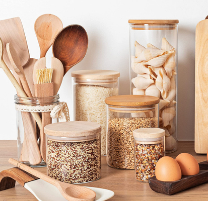 Recipientes de armazenamento altos da especiaria do vidro de Borosilicate com tampas de bambu
