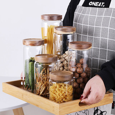 recipiente de armazenamento de vidro do alimento de 700ml 1000ml 1300ml com a tampa de madeira hermética