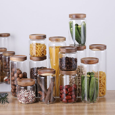 recipiente de armazenamento de vidro do alimento de 700ml 1000ml 1300ml com a tampa de madeira hermética