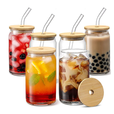 16oz espaço livre Mason Soda Juice Glass Jars com tampas de bambu e palha de vidro