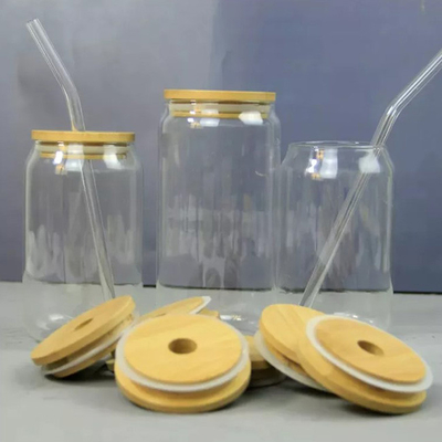 16oz espaço livre Mason Soda Juice Glass Jars com tampas de bambu e palha de vidro