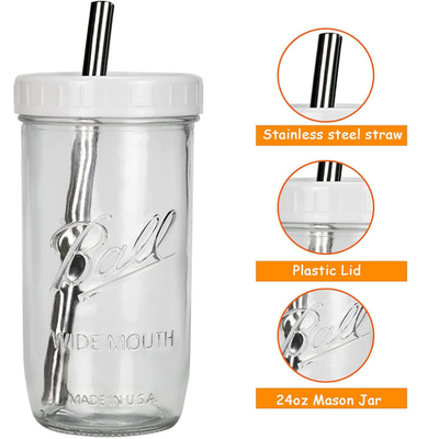 Copos reusáveis do batido do chá largo do vidro da boca com palha 16oz 24oz