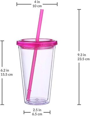 Copo bebendo plástico da bebida das secadoras de roupa da parede 450ML dobro transparente com Straw And Lid