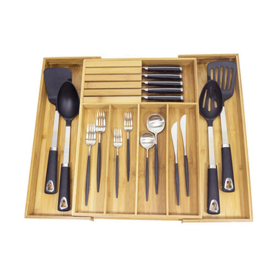 Organizador de bambu expansível Tray da cutelaria da gaveta da pratas dos utensílios da cozinha