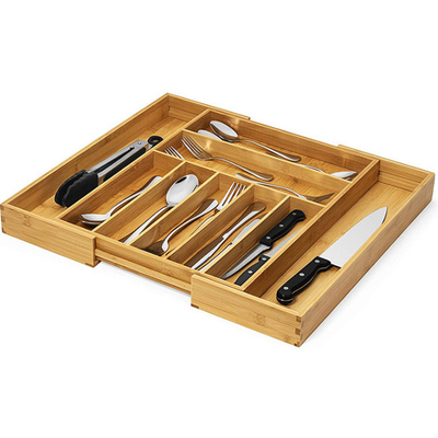 Organizador de bambu expansível Tray da cutelaria da gaveta da pratas dos utensílios da cozinha