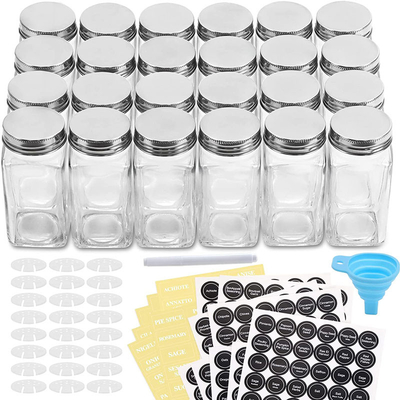 24 especiarias quadradas de vidro dos PCes 4oz rangem recipientes com etiquetas da especiaria